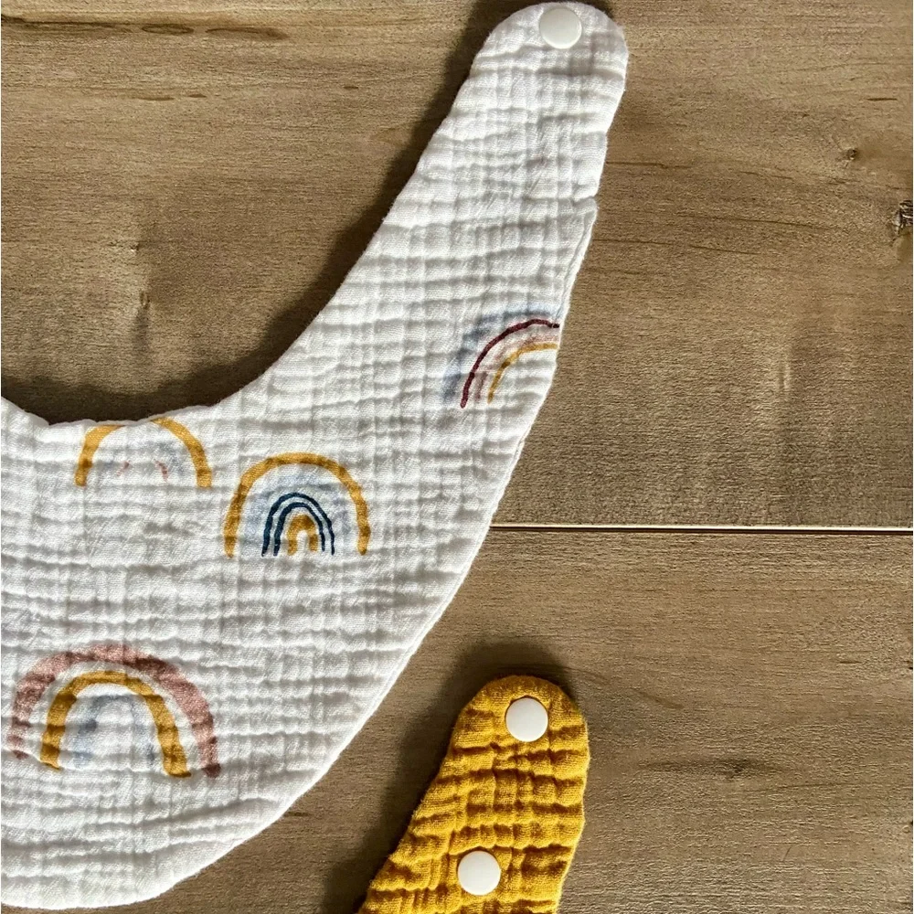 Set of 2 Double Gauze Bandana Bibs in Mustard and Neutral Rainbow Print